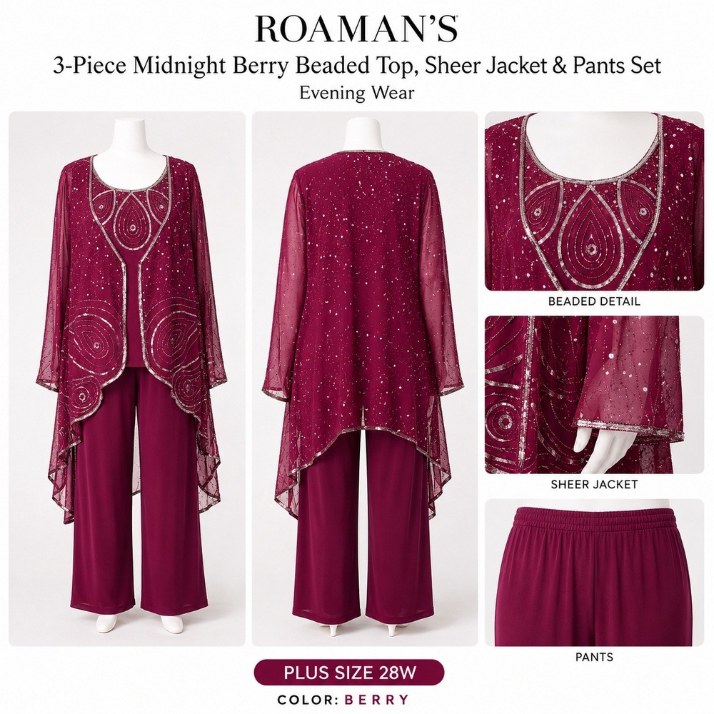 Roamans 3 Piece Berry Beaded Top Sheer Jacket Pants Set 28W Evening Wear